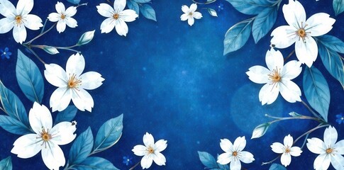 Navy blue watercolor floral pattern with white blossoms, design, fabric