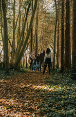 Obraz premium A group of people are walking through a forest, enjoying the peaceful and serene atmosphere. They are surrounded by tall trees and the sound of leaves rustling in the wind