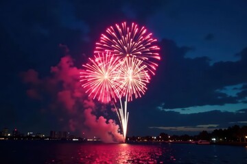 Vibrant fireworks burst against a deep blue night sky, sparkling embers trail , display, midnight, bright