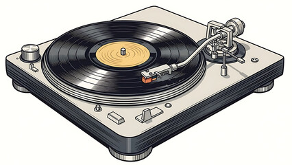 Detailed Isometric Illustration of a Classic Turntable with Vinyl Record Isolated on White Background for Music Themes.