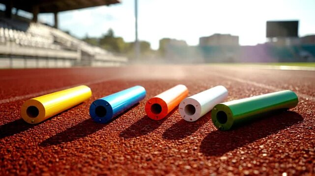 Colorful Relay Batons Lined up on a Track Preparing for a Race in a Sunny Stadium Setting