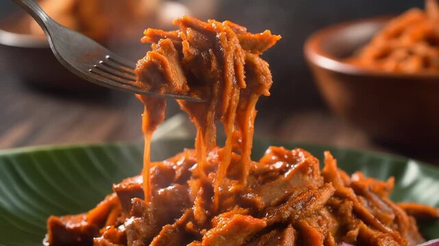 Close-up of seasoned shredded meat possibly cochinita pibil or al pastor being lifted by a fork dripping rich red sauce onto a green plate.