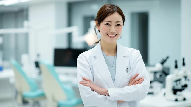 白衣を着た女性歯科医の微笑み