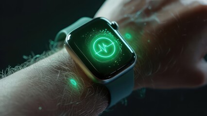 Close-up of a persons wrist wearing a smartwatch displaying a glowing green heart rate monitor icon, symbolizing health and technology.