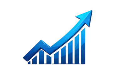 A stylized blue arrow and bar graph ascending against a stark black background