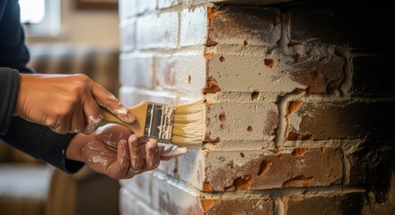 Artisan brushing limewash onto uneven brickwork of fireplace illustrating traditional technique for subtle whitewash weathered appearance.