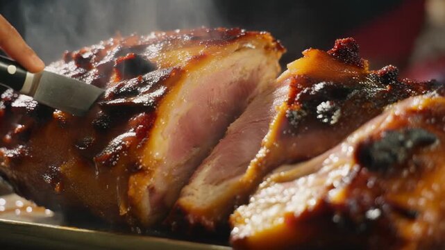 Close-up of a chef slicing a beautifully glazed steaming holiday ham with a sharp knife perfect for festive meals like christmas or easter dinner.