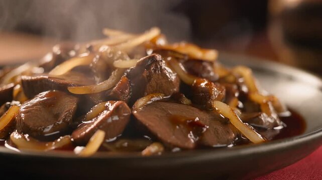 Close-up of hot steaming stir-fried meat slices and caramelized onions served in a rich brown sauce on a dark plate emphasizing freshness.