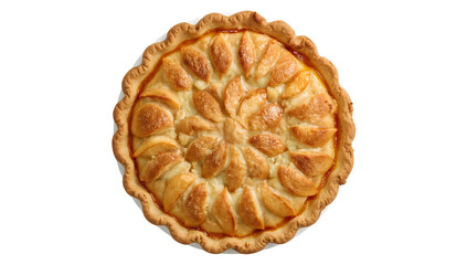 Perfectly round peach cobbler pie with golden biscuit crust overhead on white for national pie day celebration