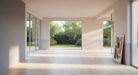 Fototapeta premium Bright empty open plan interior with floor to ceiling windows and backyard view