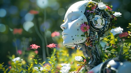 Futuristic humanoid robot with floral elements integrated into design, showcasing harmony between technology and nature in a vibrant outdoor setting
