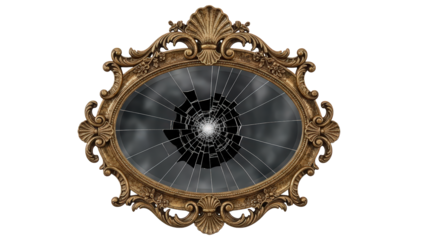 Ornate gold frame with shattered glass on black background