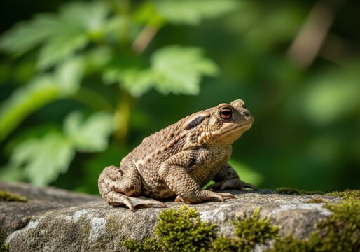 A common toad sits on a mosscovered stone wall, with blurred green foliage in the background, basking in the sunlight - Powered by Adobe