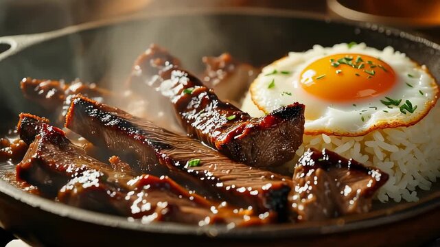 Sizzling savory marinated beef steak strips served over steamed white rice with a fried sunny-side-up egg in a hot cast iron skillet.