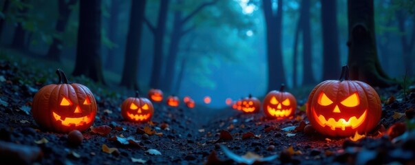 Glowing jack-o'-lanterns scattered on dark forest floor, misty blue background adds mystery , pumpkin, background