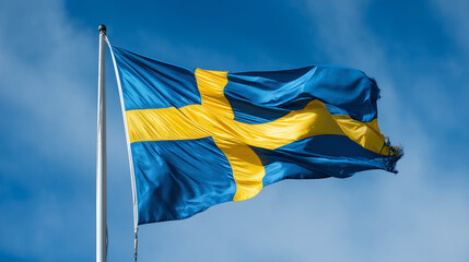 Sweden ، Swedish National Flag Waving in the Wind Against Clear Blue Sky, Symbol of Democracy, Stability, Innovation and Scandinavian Identity