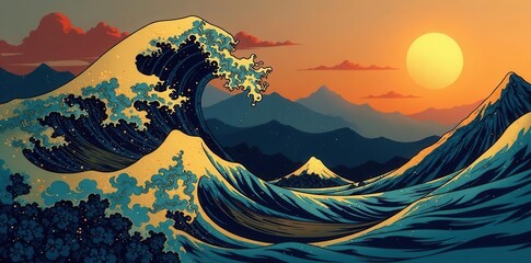 Gold ink wave line art; minimalist Asian mountain vector background, clean, simple, wave pattern