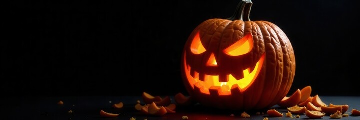 Intricate carved pumpkin, fierce expression, black background, illustration, dark background, horrific