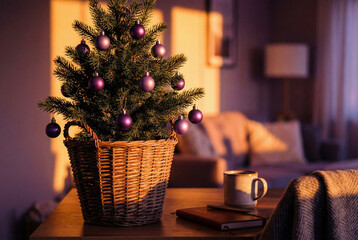 Christmas tree with purple baubles in basket on wooden table at sunset. Cozy evening interior with cup of tea and notebook