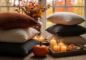 Cozy autumn scene with stacked pillows, glowing candles, and a small pumpkin, creating a warm and inviting atmosphere for fall