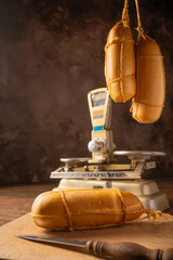 Provolone cheese, wonderful smoked provolone cheese on rustic wood and accessories, abstract background, selective focus.