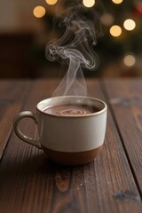 Hot drink in a cup with smoke rising on a wooden table during holiday season Generative AI