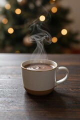 Warm cup of hot drink on wooden table with blurred Christmas tree in background Generative AI
