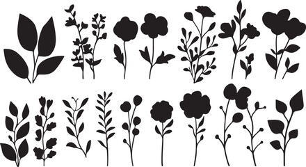 Vintage black floral vector silhouettes of a rose and butterfly set for nature art design elements or spring plant tattoo illustrations