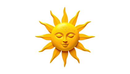 A stylized golden sun with a serene face and spiky rays, set against a dark background