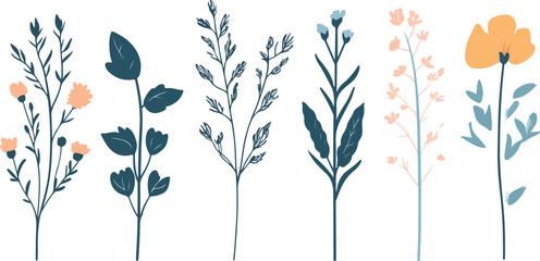 Abstract floral vector illustration featuring a seamless nature pattern with spring flowers, leaves, and ornate branches for a decorative summer wallpaper design