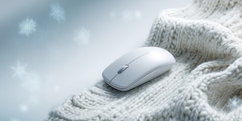 Ultra realistic close up of minimalist wireless mouse on cozy knit fabric with winter theme