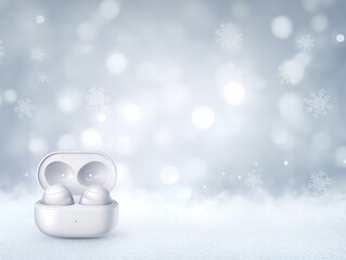 Ultra realistic close up of premium wireless earbud in winter snowflake setting
