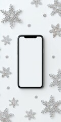 Ultra realistic flat lay of smartphone with snowflakes for winter design