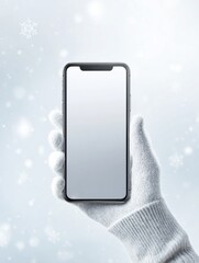 Ultra realistic smartphone displayed in gloved hand with winter snowflake background