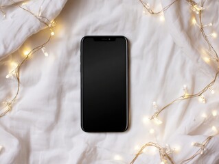 Ultra realistic top down flat lay of smartphone with twinkling lights background