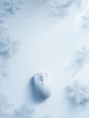 Ultra realistic wireless mouse on snowflake background for winter technology design