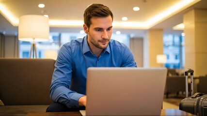 Business traveler engages with laptop in modern airport lounge setting