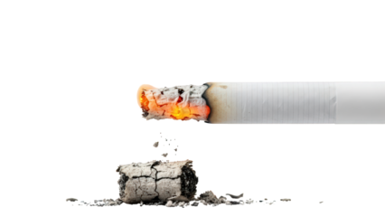 Close-up of a burning cigarette with ash falling on black background