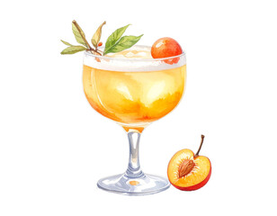 Refreshing Umeshu Sour watercolor illustration. Japanese plum liqueur cocktail with frothy foam and garnish. High-quality artistic design for menus, bar decor, and food blogs.