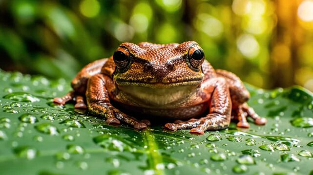 Close-up of a brown frog sitting on a lush green leaf with water droplets, croaking in its natural habitat
