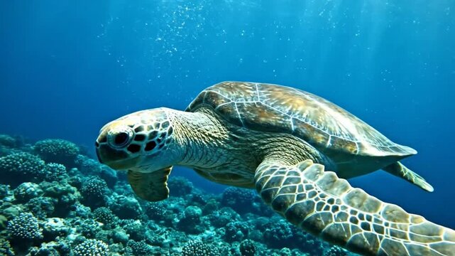 Graceful sea turtle gliding through the deep blue ocean, surrounded by vibrant coral reef life.