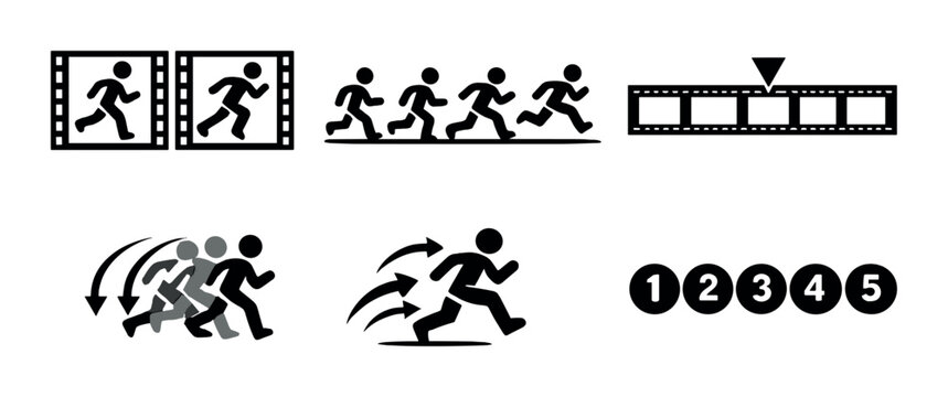 Animation sequence icons in black and white design - Powered by Adobe