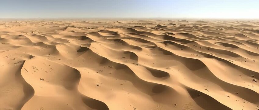 Expansive panoramic view of rolling golden sand dunes stretching toward a hazy horizon under a pale sky