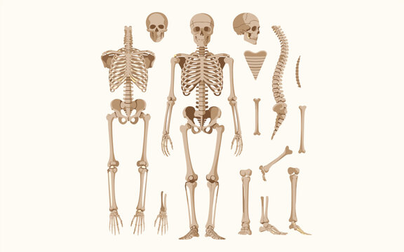 Detailed illustration of human skeletons in various poses and anatomy on a white background