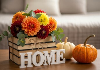 A cozy autumn arrangement featuring a stack of books, colorful dahlia flowers, eucalyptus leaves, and pumpkins, with the word home as decor