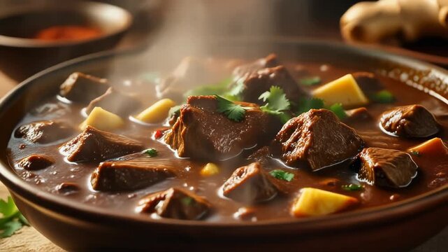 Steaming hot beef or lamb stew with savory gravy yellow chunks and fresh cilantro garnish in a rustic bowl