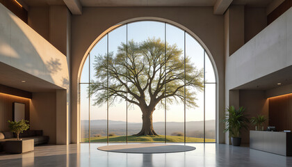 Elegant architectural space with arched window framing a majestic tree