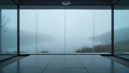 Indoor view of tranquil foggy lake through panoramic window