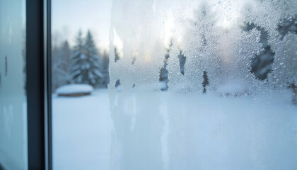 Winter view through a frozen window to a snowy forest