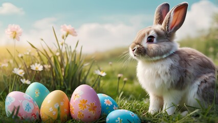Cute Easter bunny with decorated eggs and spring meadow in pastel colors, soft illustration